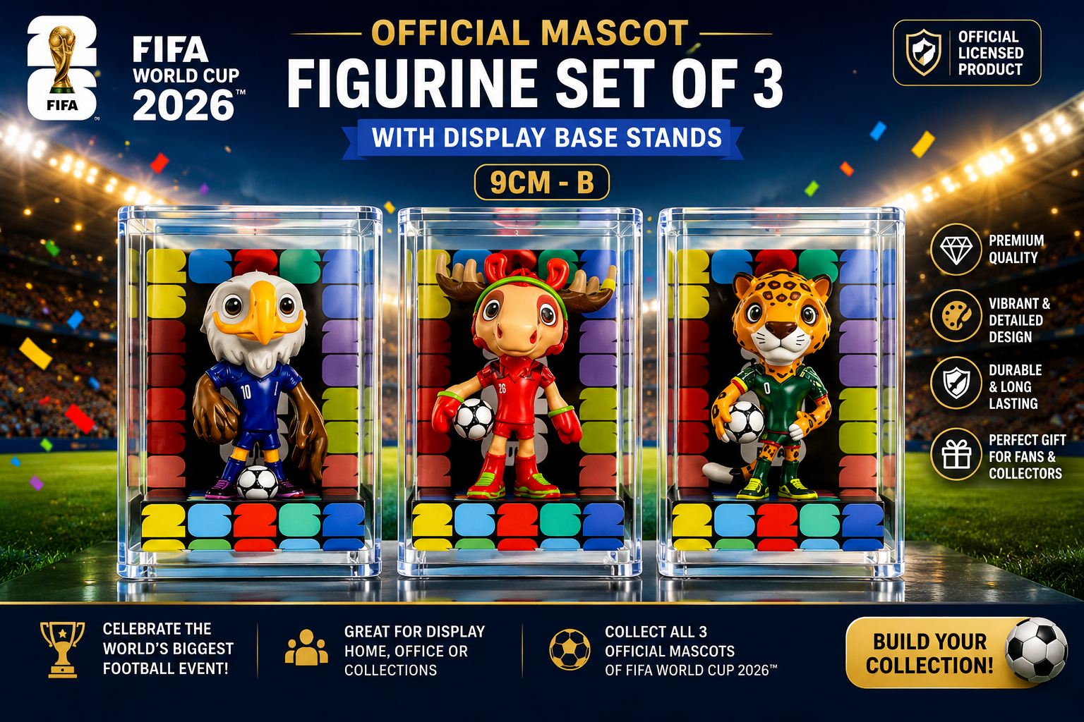 FIFA World Cup 2026™ Official Mascot Figurine Set of 3 with Display Base Stands - 9CM - TYPE B