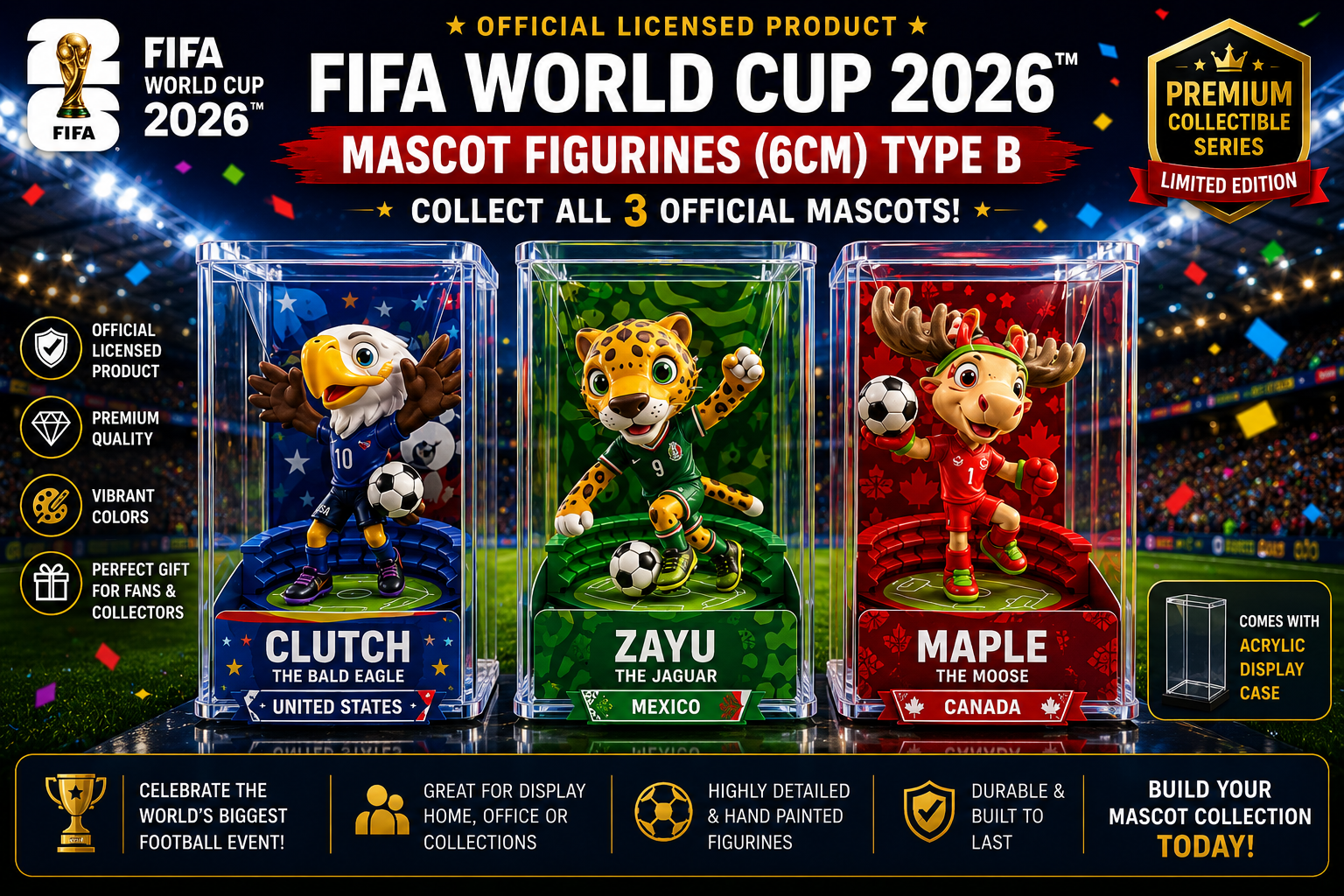 FIFA World Cup 2026™ Official Mascot Figurine Set of 3 with Display Base Stands - 6 CM - TYPE B